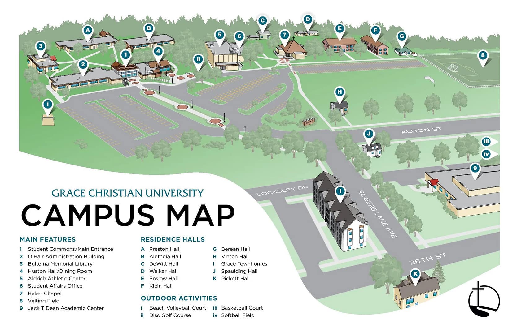Grace_Campus_Map Grace Christian University Campus Map showing Main Features and Buildings, Residence Halls, and Outdoor Activities