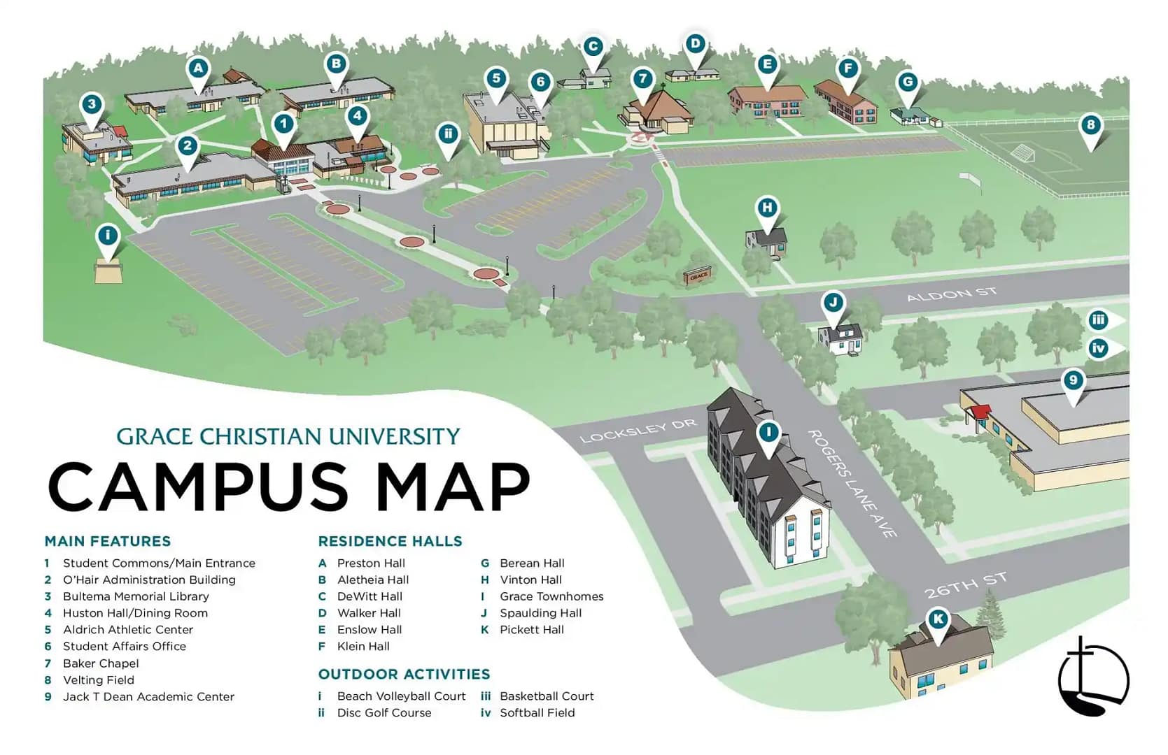 Grace_Campus_Map Grace Christian University Campus Map showing Main Features and Buildings, Residence Halls, and Outdoor Activities