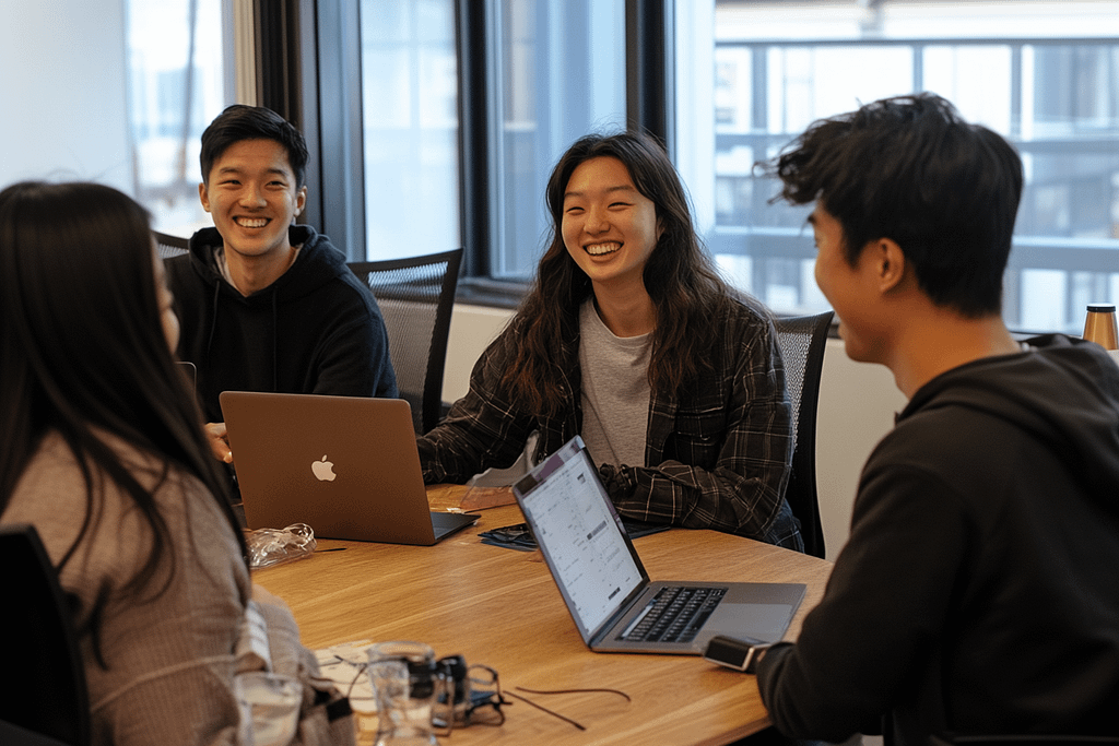 Group of interns working with their boss illustrates how to use AI tools in higher ed marketing. Treat them like interns!