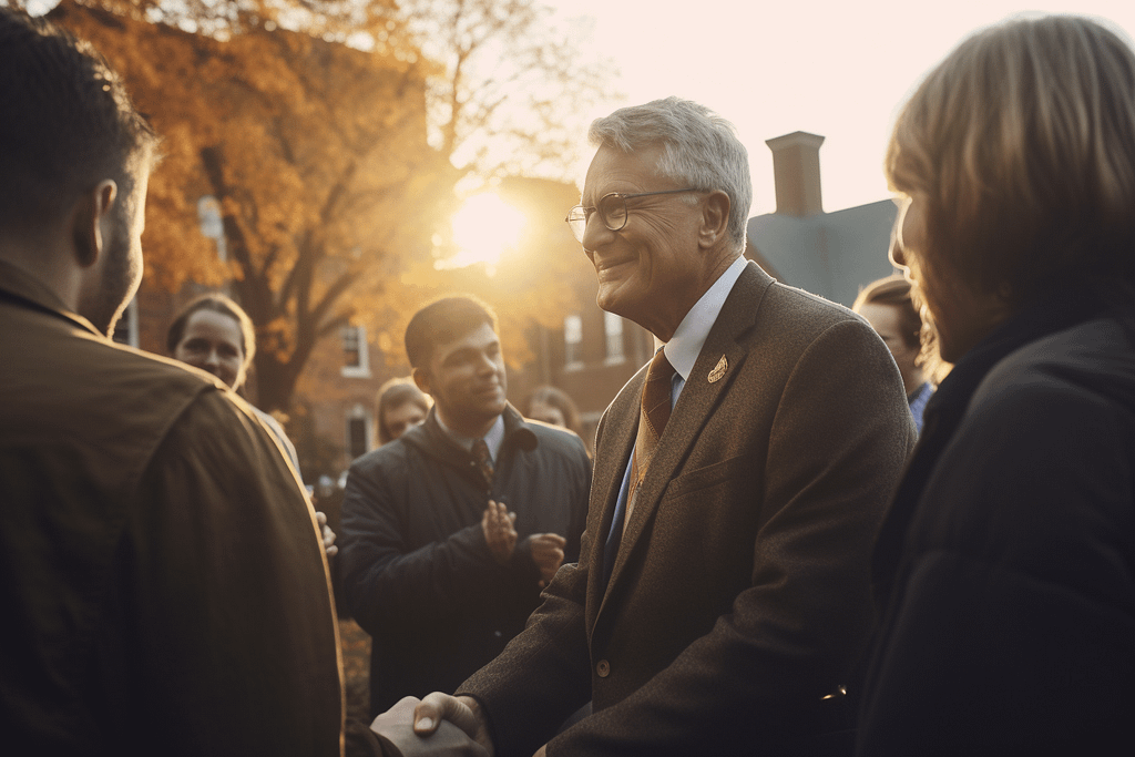 Illustration showing a college president leading a higher ed rebranding effort.