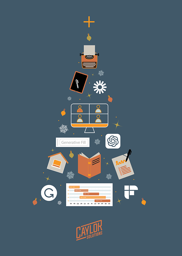 Blue christmas tree card with clip art of house, computer, notepad, keyboard