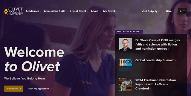 Olivet Nazarene University's home page image - zeemee app